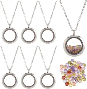 1 Box Stainless Steel 6Pcs Round Memory Locket Floating Memory Glass Necklace Chain Cubic Zirconia Cabochons Polished Keepsake Living Locket Necklace for Pendant Women Friendship Decoration