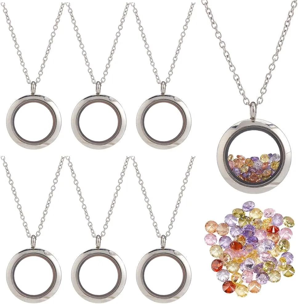 1 Box Stainless Steel 6Pcs Round Memory Locket Floating Memory Glass Necklace Chain Cubic Zirconia Cabochons Polished Keepsake Living Locket Necklace for Pendant Women Friendship Decoration