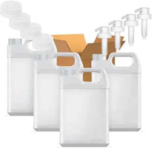 1 Gallon Plastic F-Style Jug (4-Pack) Reusable Food-Safe, Heavy-Duty HDPE Containers for Water, Sauces, Soaps, Detergents, Liquids with Screw-On Safety Cap and Pump Cap (White, 1 Gallon) (4-Pack)