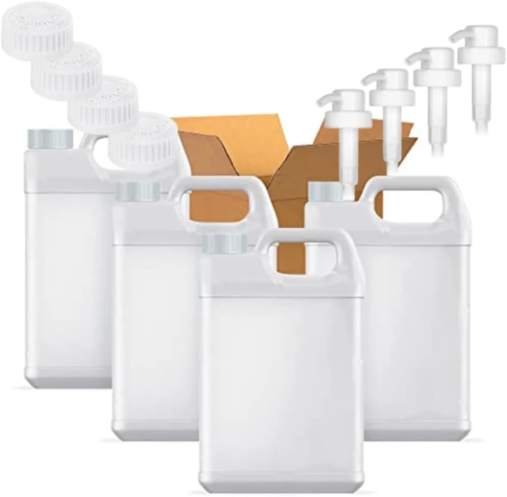 1 Gallon Plastic F-Style Jug (4-Pack) Reusable Food-Safe, Heavy-Duty HDPE Containers for Water, Sauces, Soaps, Detergents, Liquids with Screw-On Safety Cap and Pump Cap (White, 1 Gallon) (4-Pack)