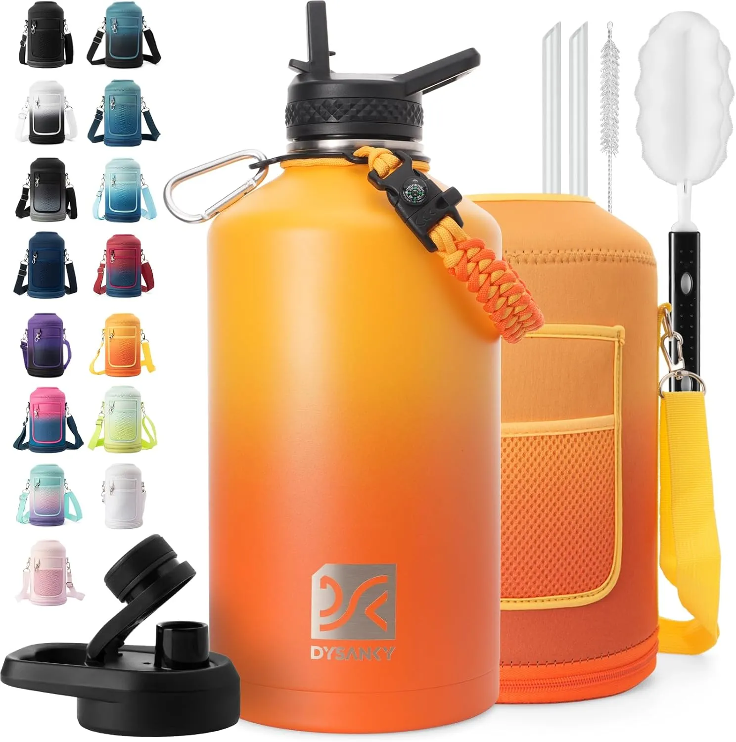1 Gallon Water Bottle Insulated | Thickened Stainless Steel Vacuum Metal Water Jug | Portable Sports Large Thermos for Gym and Hiking with Straw, Carrier Bag, Handle Strap | BPA-Free 128 oz