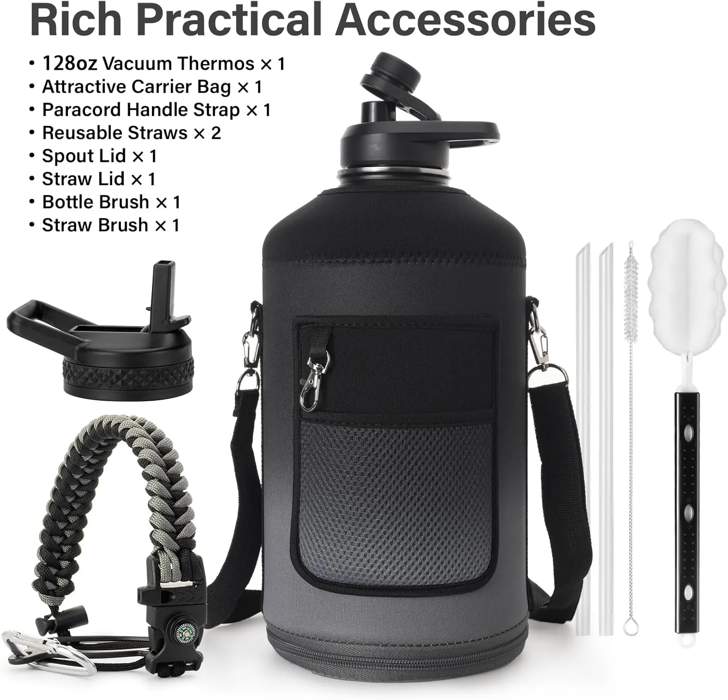 1 Gallon Water Bottle Insulated | Thickened Stainless Steel Vacuum Metal Water Jug | Portable Sports Large Thermos for Gym and Hiking with Straw, Carrier Bag, Handle Strap | BPA-Free 128 oz
