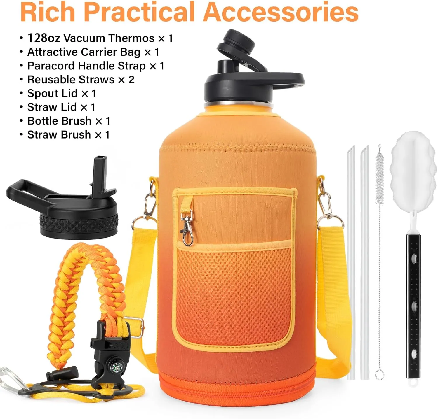 1 Gallon Water Bottle Insulated | Thickened Stainless Steel Vacuum Metal Water Jug | Portable Sports Large Thermos for Gym and Hiking with Straw, Carrier Bag, Handle Strap | BPA-Free 128 oz