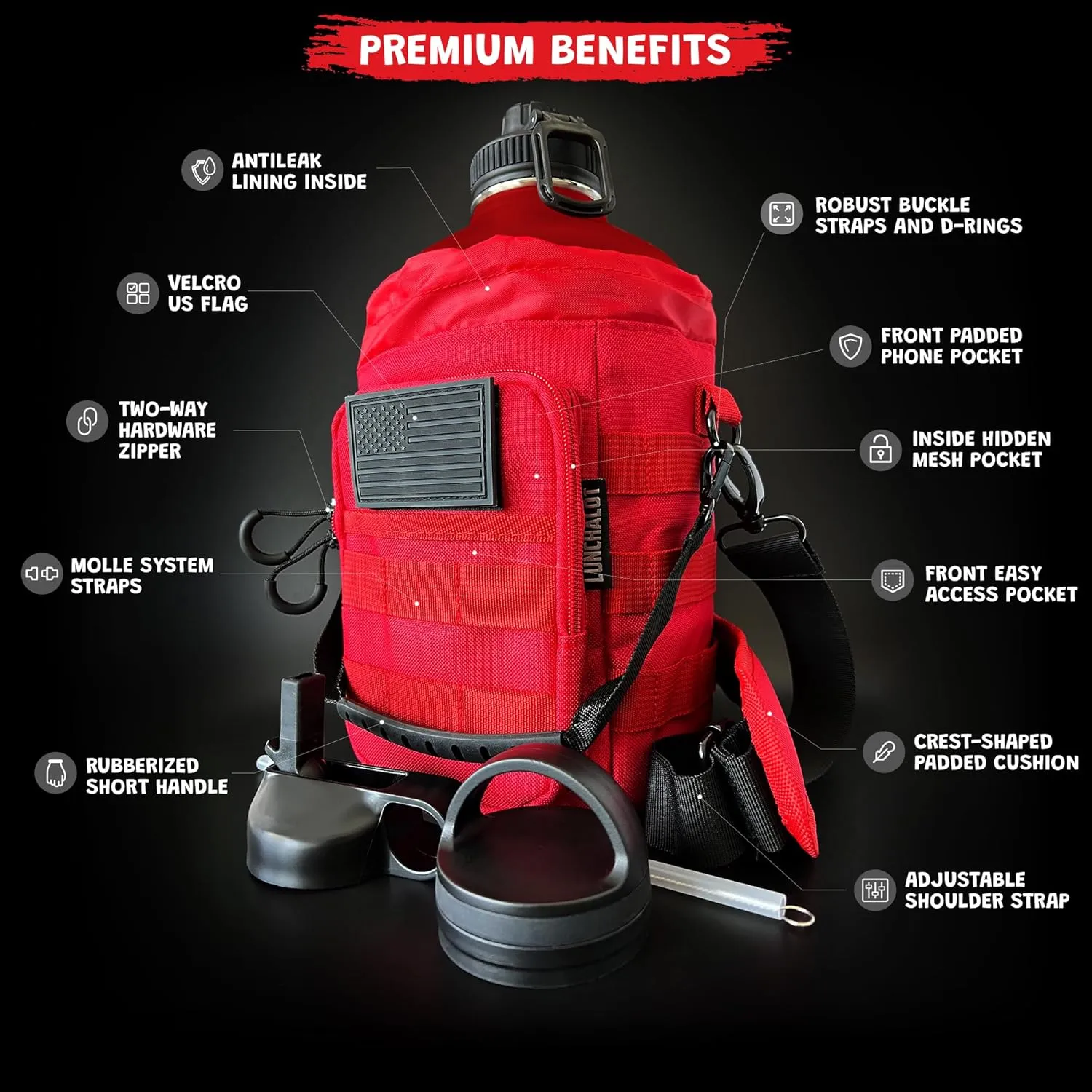 1 Gallon Water Bottle Jug - 128 Oz Insulated Stainless Steel Metal Water Bottle with Holder - Carrying Bag - Spout Handle - Straw Lids - Keep Cold & Hot - Red Tactical Flask