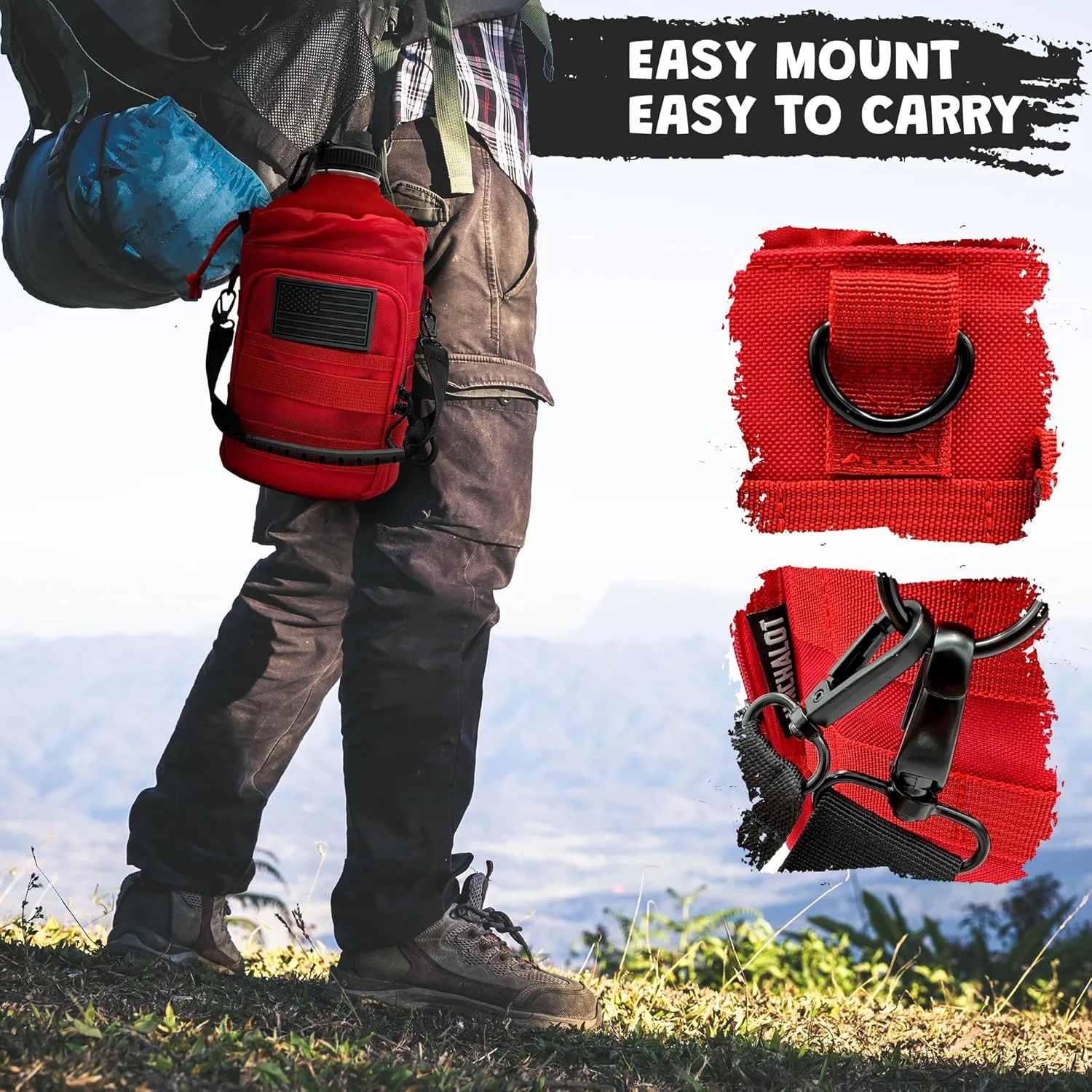 1 Gallon Water Bottle Jug - 128 Oz Insulated Stainless Steel Metal Water Bottle with Holder - Carrying Bag - Spout Handle - Straw Lids - Keep Cold & Hot - Red Tactical Flask