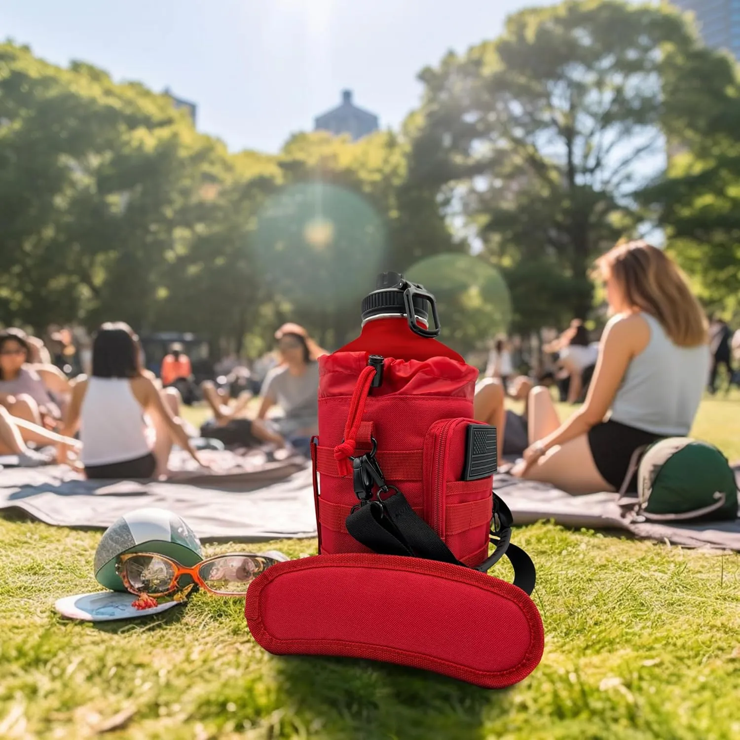 1 Gallon Water Bottle Jug - 128 Oz Insulated Stainless Steel Metal Water Bottle with Holder - Carrying Bag - Spout Handle - Straw Lids - Keep Cold & Hot - Red Tactical Flask