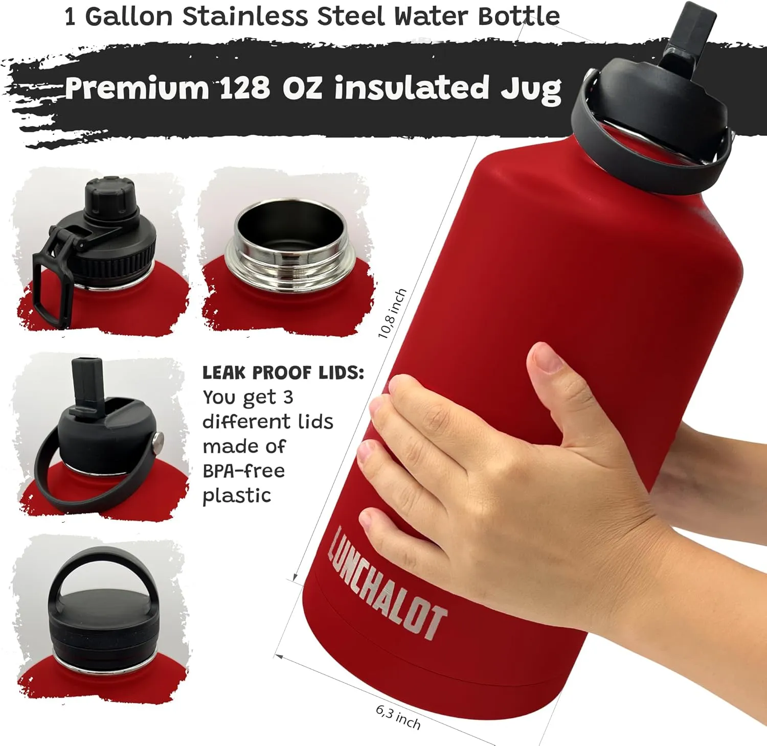 1 Gallon Water Bottle Jug - 128 Oz Insulated Stainless Steel Metal Water Bottle with Holder - Carrying Bag - Spout Handle - Straw Lids - Keep Cold & Hot - Red Tactical Flask