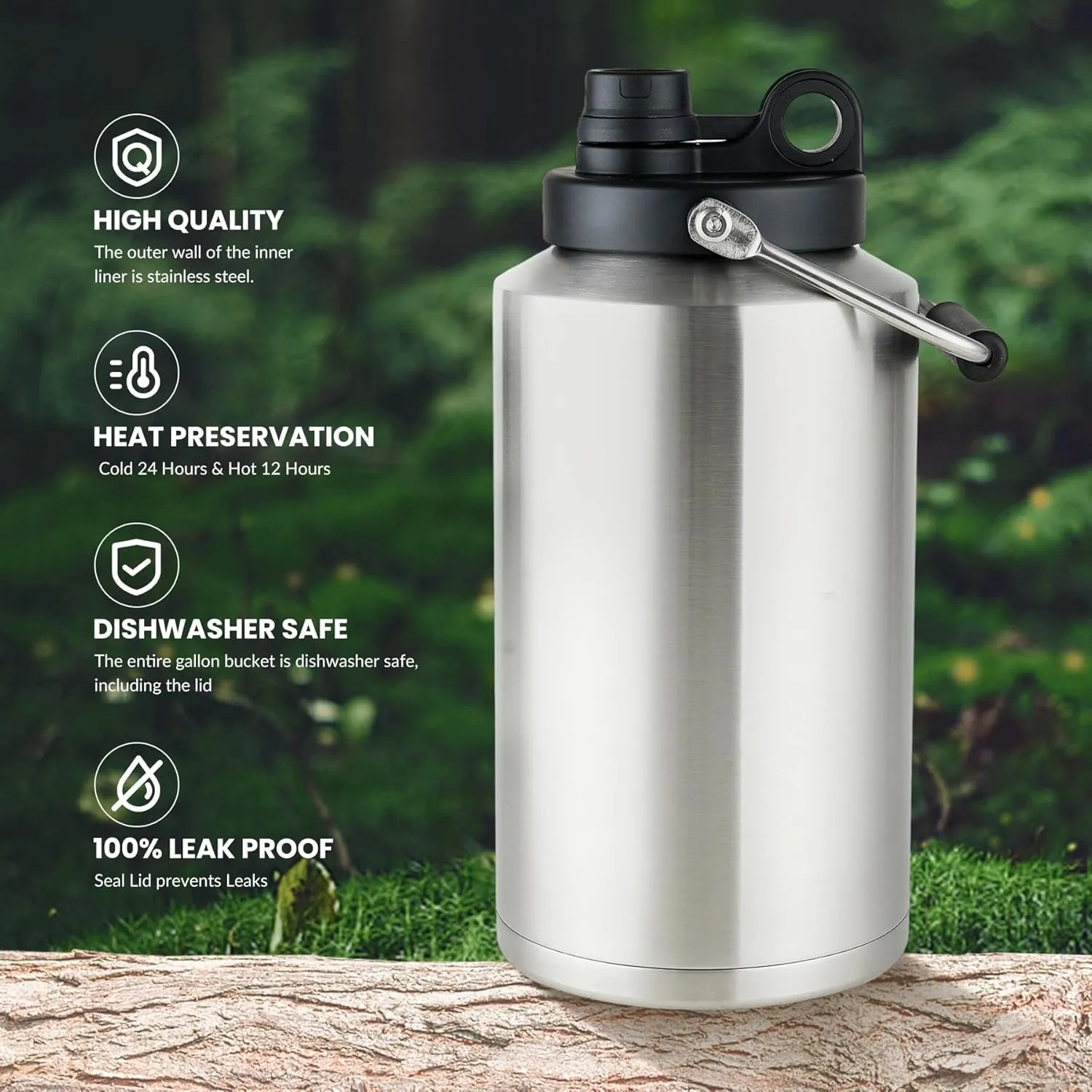 1 Gallon Water Jug Bottle Insulated, 128 oz Stainless Steel Water Bottle Wide Mouth Double Vacuum Dishwasher Safe BPA Free for Hot & Cold Drinks