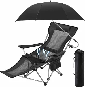 1 Set Reclining Camping Chairs with Removable Umbrella Folding Recline Camp Chairs for Outdoor(Black)
