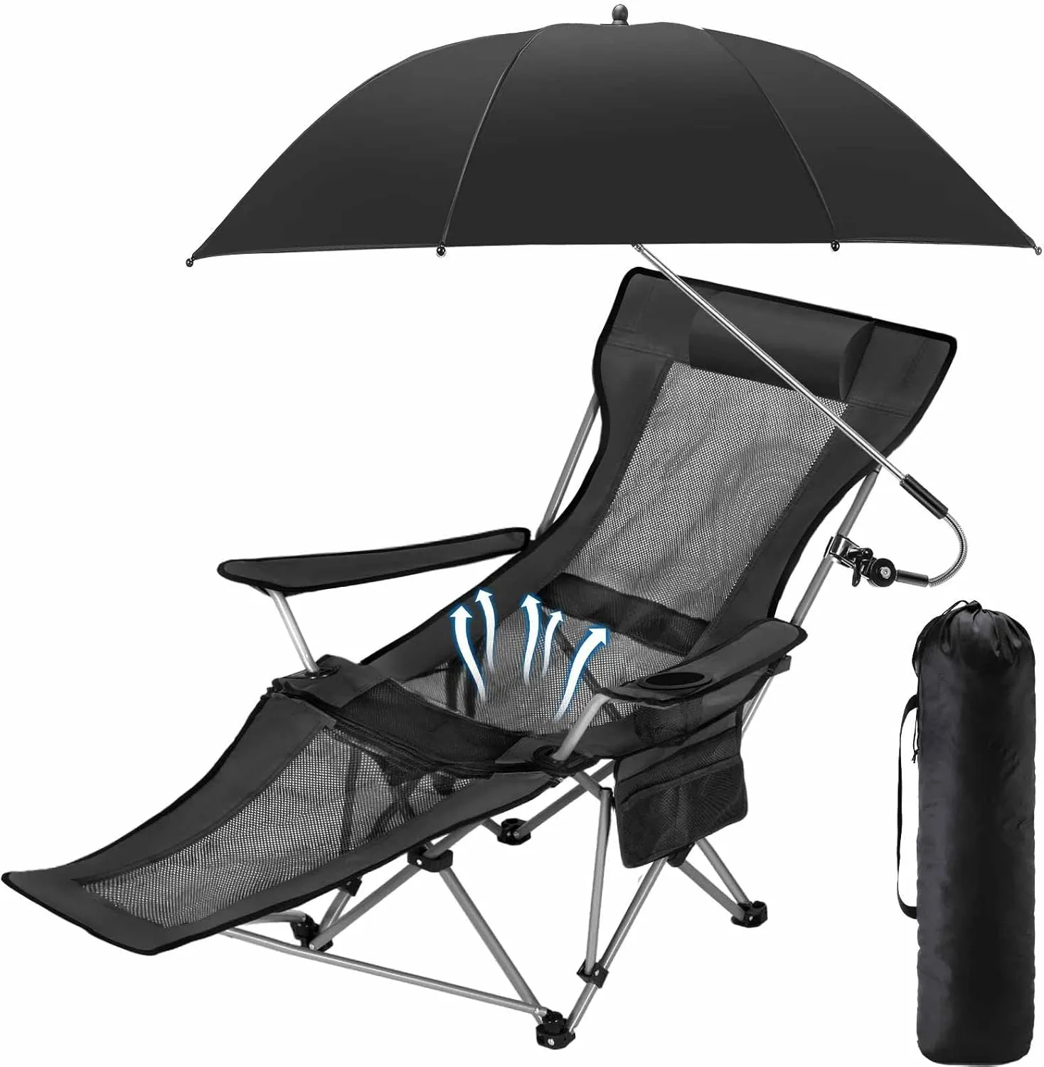 1 Set Reclining Camping Chairs with Removable Umbrella Folding Recline Camp Chairs for Outdoor(Black)