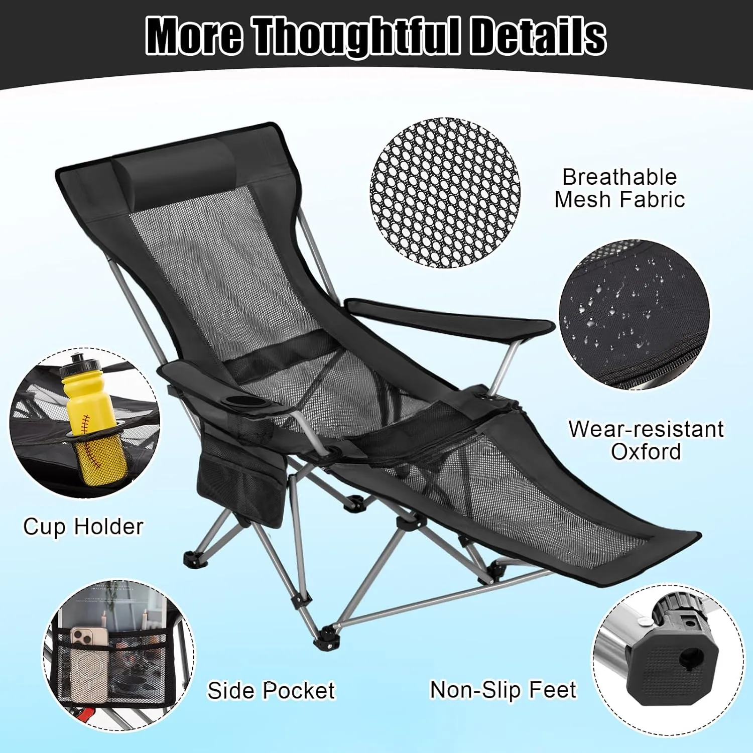 1 Set Reclining Camping Chairs with Removable Umbrella Folding Recline Camp Chairs for Outdoor(Black)
