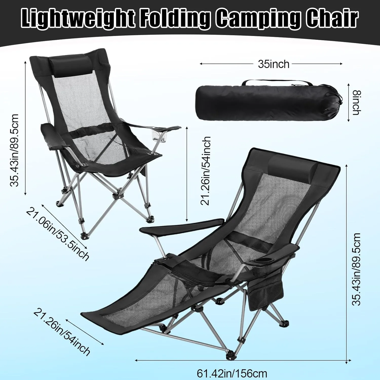 1 Set Reclining Camping Chairs with Removable Umbrella Folding Recline Camp Chairs for Outdoor(Black)