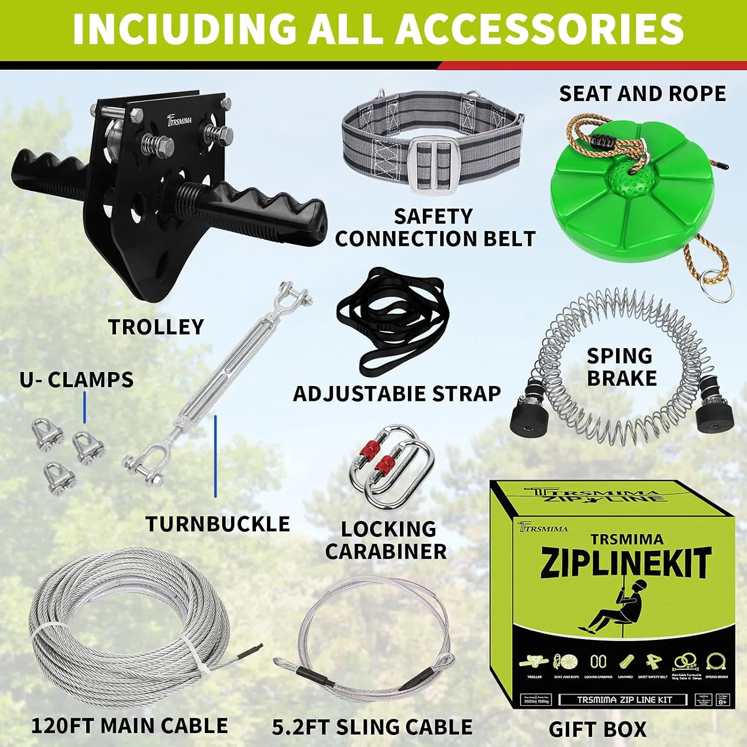 100ft /120ft /150ft Zip Line Kit for Kids and Adult Up to 330 lb with Zipline Spring Brake and Safety Harness, Zip line Trolley with Handle and Thickened Seat,for Backyard Playground Entertainment