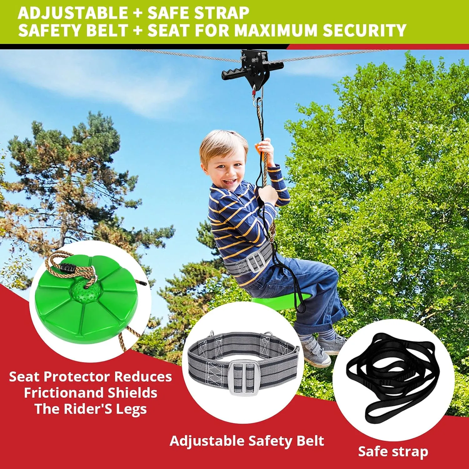 100ft /120ft /150ft Zip Line Kit for Kids and Adult Up to 330 lb with Zipline Spring Brake and Safety Harness, Zip line Trolley with Handle and Thickened Seat,for Backyard Playground Entertainment