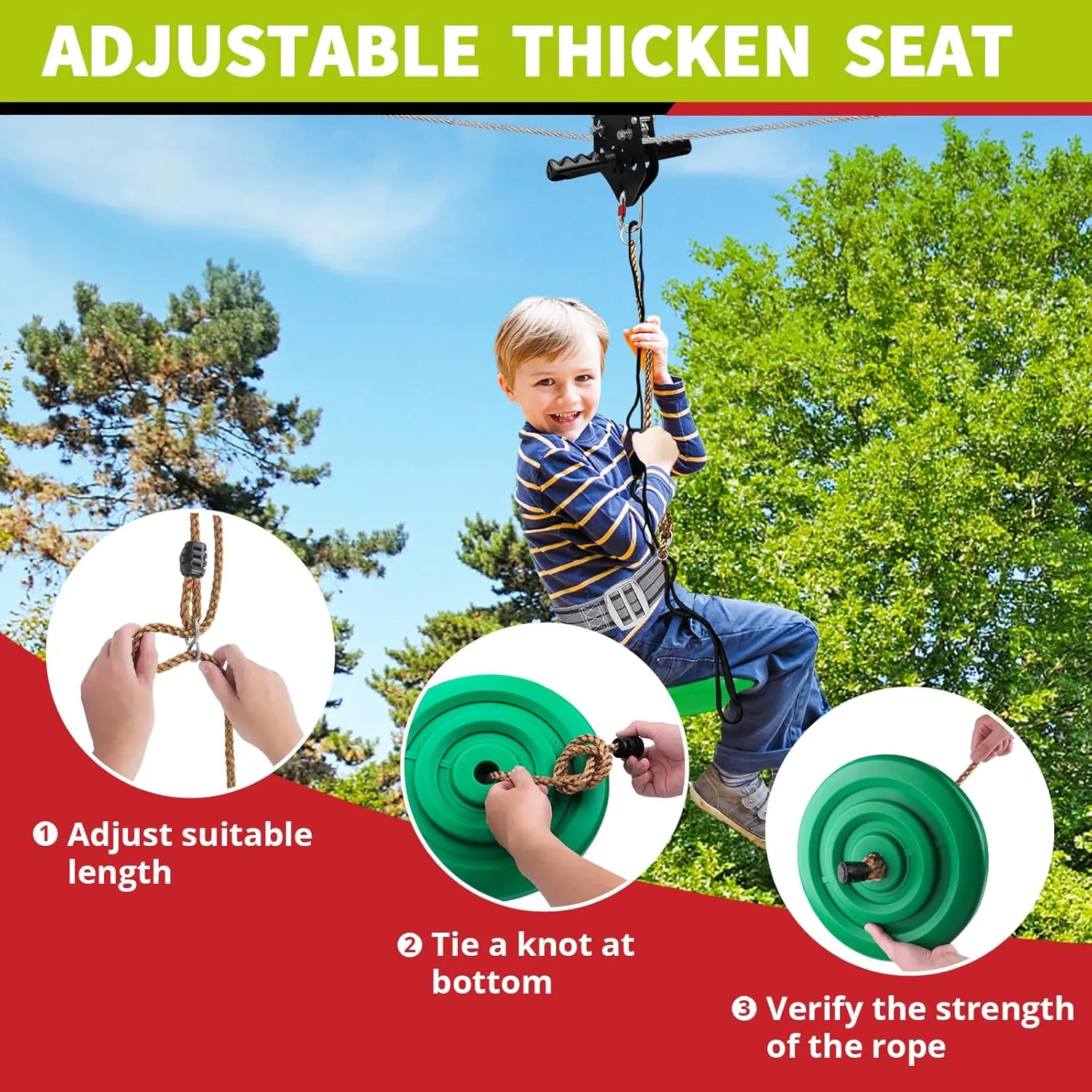 100ft /120ft /150ft Zip Line Kit for Kids and Adult Up to 330 lb with Zipline Spring Brake and Safety Harness, Zip line Trolley with Handle and Thickened Seat,for Backyard Playground Entertainment
