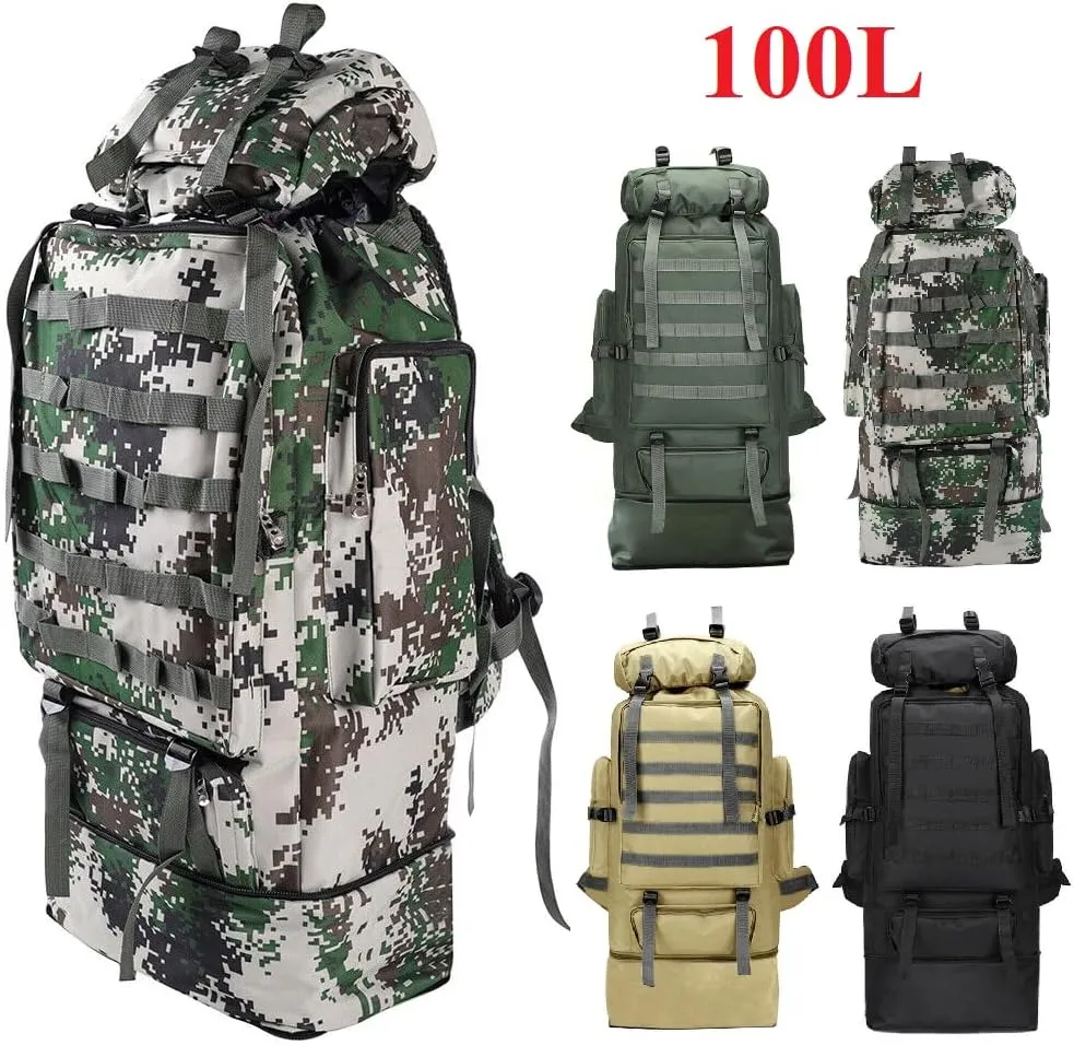 100L Camping Hiking Backpack, Large Military Tactical Backpack Waterproof Travel Daypack Survival Rucksack Bushcraft Backpack Lightweight Outdoor Camping Bag, Khaki