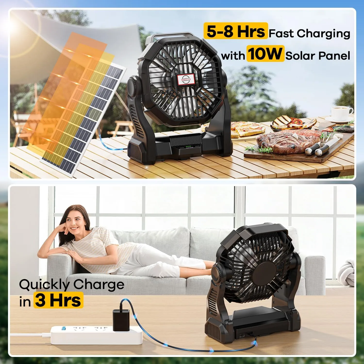 10400mAh Solar Fan with LED Lantern, 10W Solar Panel Rechargeable Battery Powered Camping Fan for Outside, 9 Inch Portable Battery Operated Hurricane Supplies for Picnic, Barbecue, Fishing, Travel