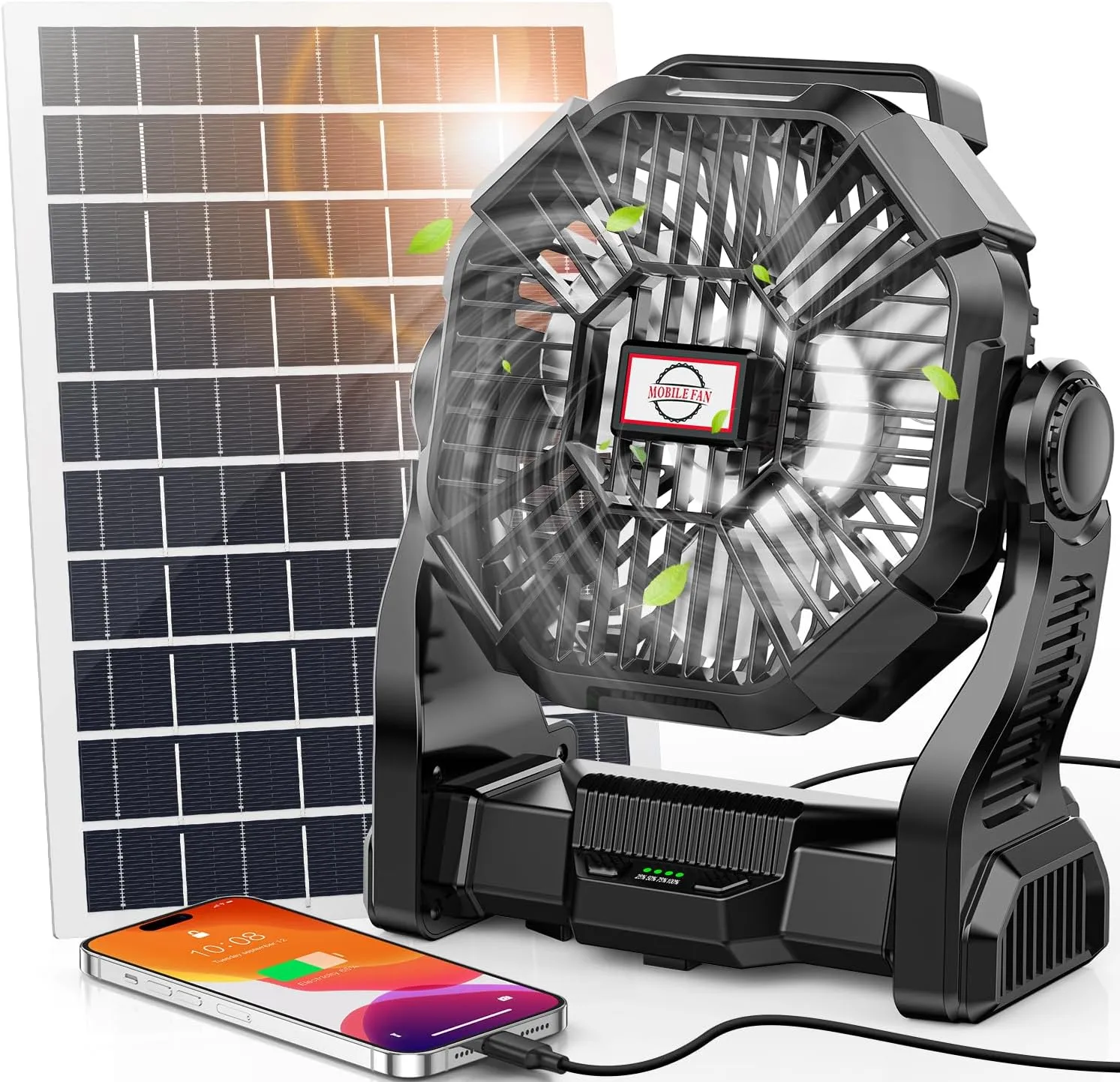 10400mAh Solar Fan with LED Lantern, 10W Solar Panel Rechargeable Battery Powered Camping Fan for Outside, 9 Inch Portable Battery Operated Hurricane Supplies for Picnic, Barbecue, Fishing, Travel