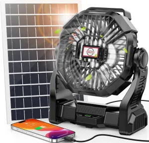10400mAh Solar Fan with LED Lantern, 10W Solar Panel Rechargeable Battery Powered Camping Fan for Outside, 9 Inch Portable Battery Operated Hurricane Supplies for Picnic, Barbecue, Fishing, Travel