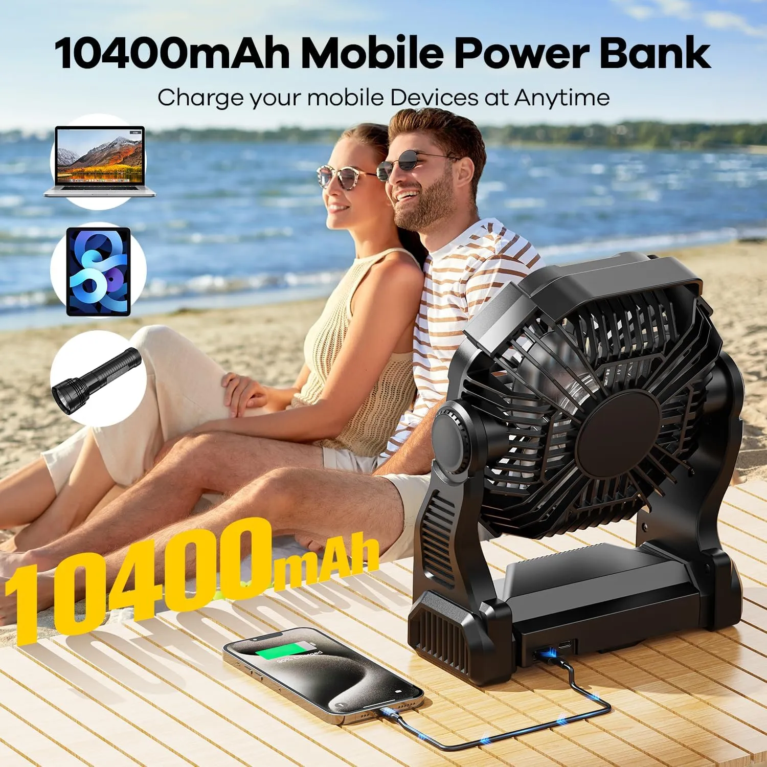 10400mAh Solar Fan with LED Lantern, 10W Solar Panel Rechargeable Battery Powered Camping Fan for Outside, 9 Inch Portable Battery Operated Hurricane Supplies for Picnic, Barbecue, Fishing, Travel