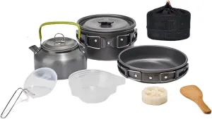 10Pcs Camping Cookware Mess Kit, Portable Non-Stick Pots Set with Folding Pan, Kettle Spoon Bowl for 2-3 Person