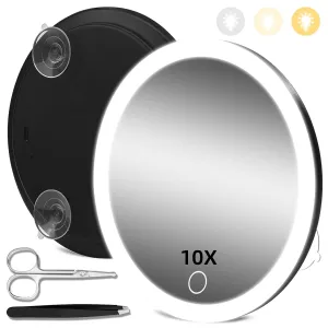 10X Magnifying Mirror with Lights, 10x Magnified Mirror with 3 Suction Cups, 3 Color Dimmable Lighted Makeup Magnification 6inch Travel 10X Magnification with Tweezers & Scissors