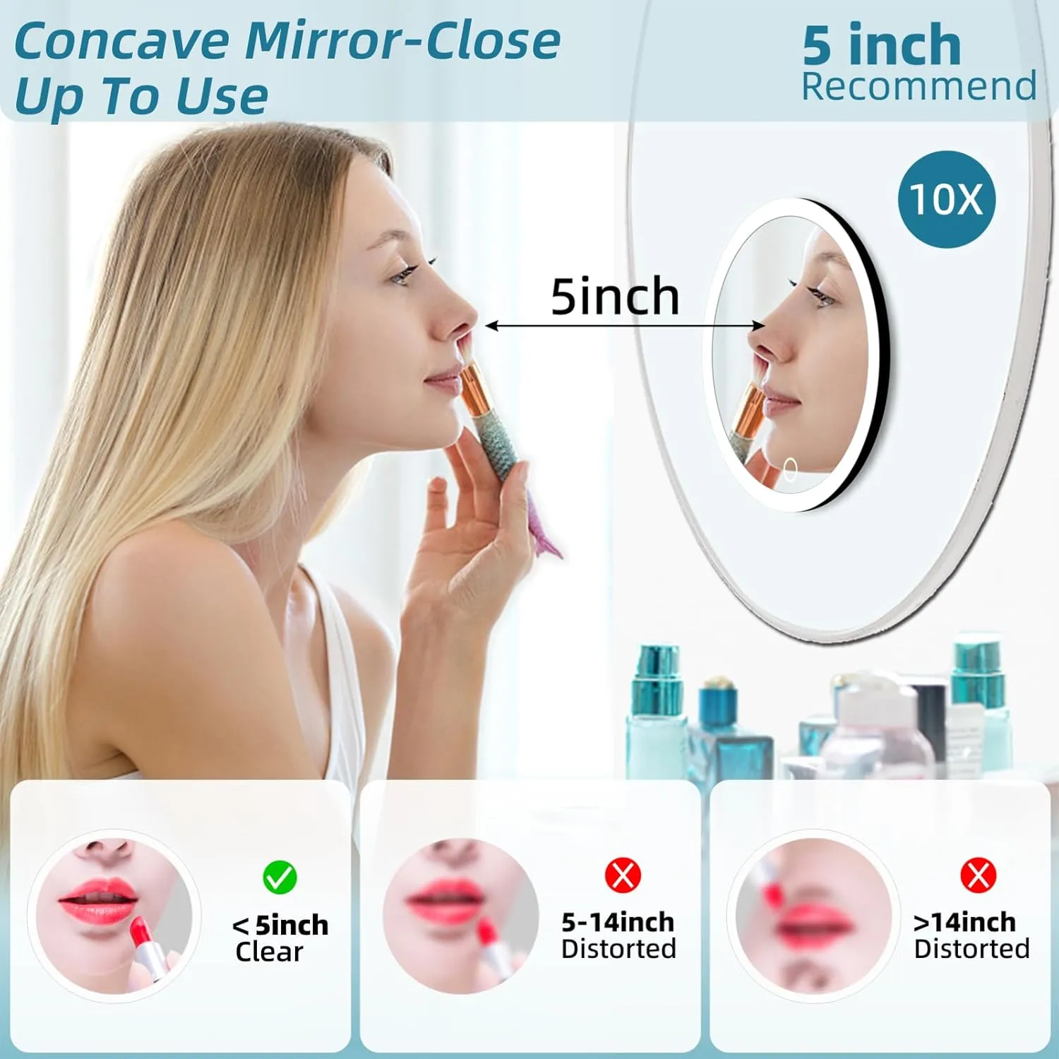 10X Magnifying Mirror with Lights, 10x Magnified Mirror with 3 Suction Cups, 3 Color Dimmable Lighted Makeup Magnification 6inch Travel 10X Magnification with Tweezers & Scissors