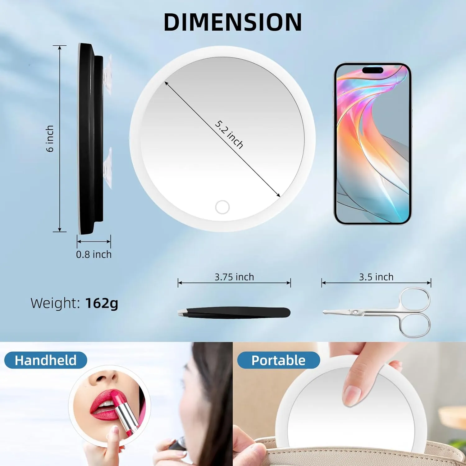 10X Magnifying Mirror with Lights, 10x Magnified Mirror with 3 Suction Cups, 3 Color Dimmable Lighted Makeup Magnification 6inch Travel 10X Magnification with Tweezers & Scissors
