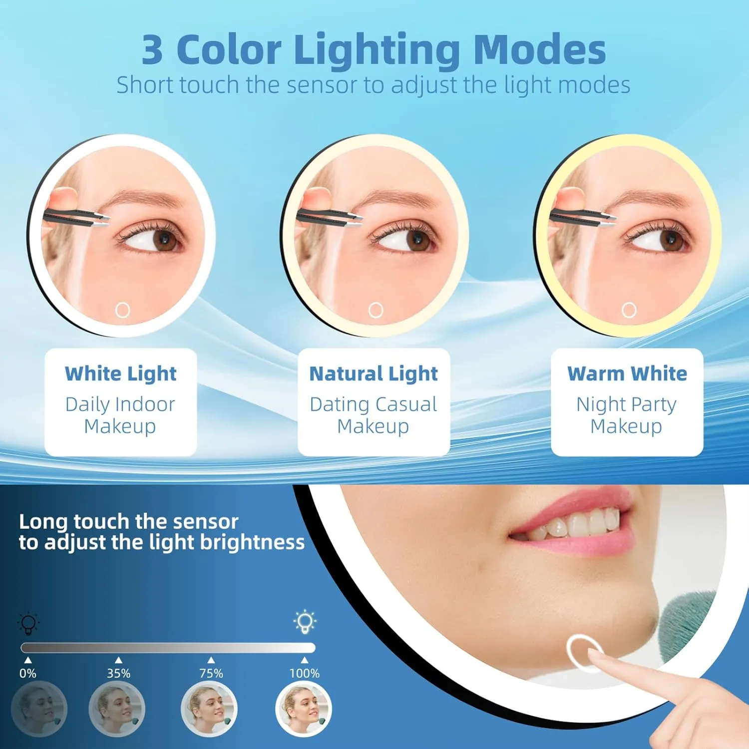 10X Magnifying Mirror with Lights, 10x Magnified Mirror with 3 Suction Cups, 3 Color Dimmable Lighted Makeup Magnification 6inch Travel 10X Magnification with Tweezers & Scissors
