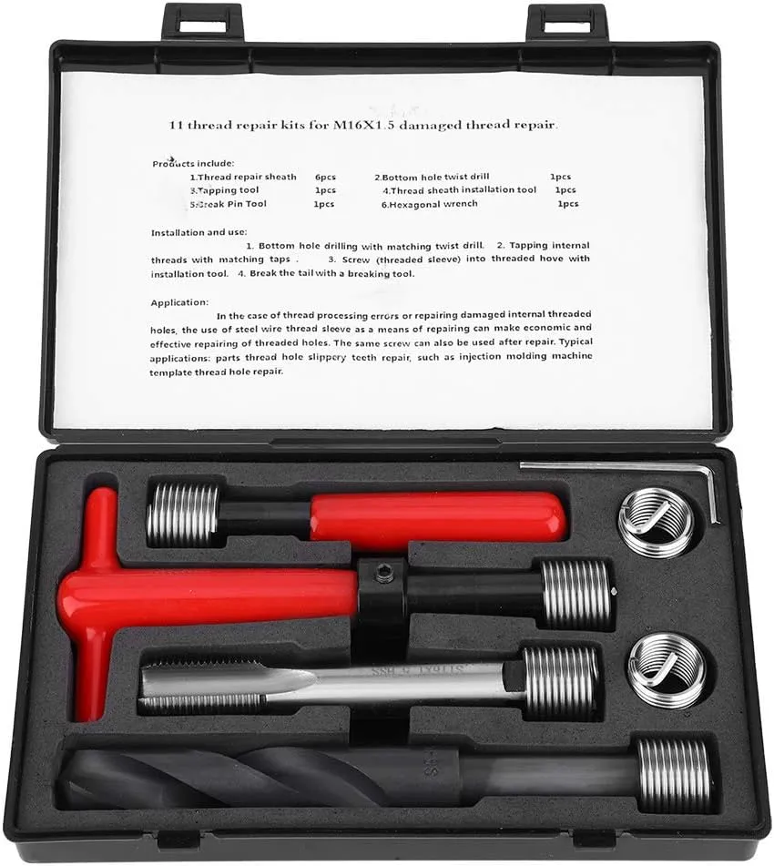 11Pcs M16x1.5 Thread Repair Kit Stainless Steel Drill Helicoil Repair Kit Threaded Reply Tool Kit