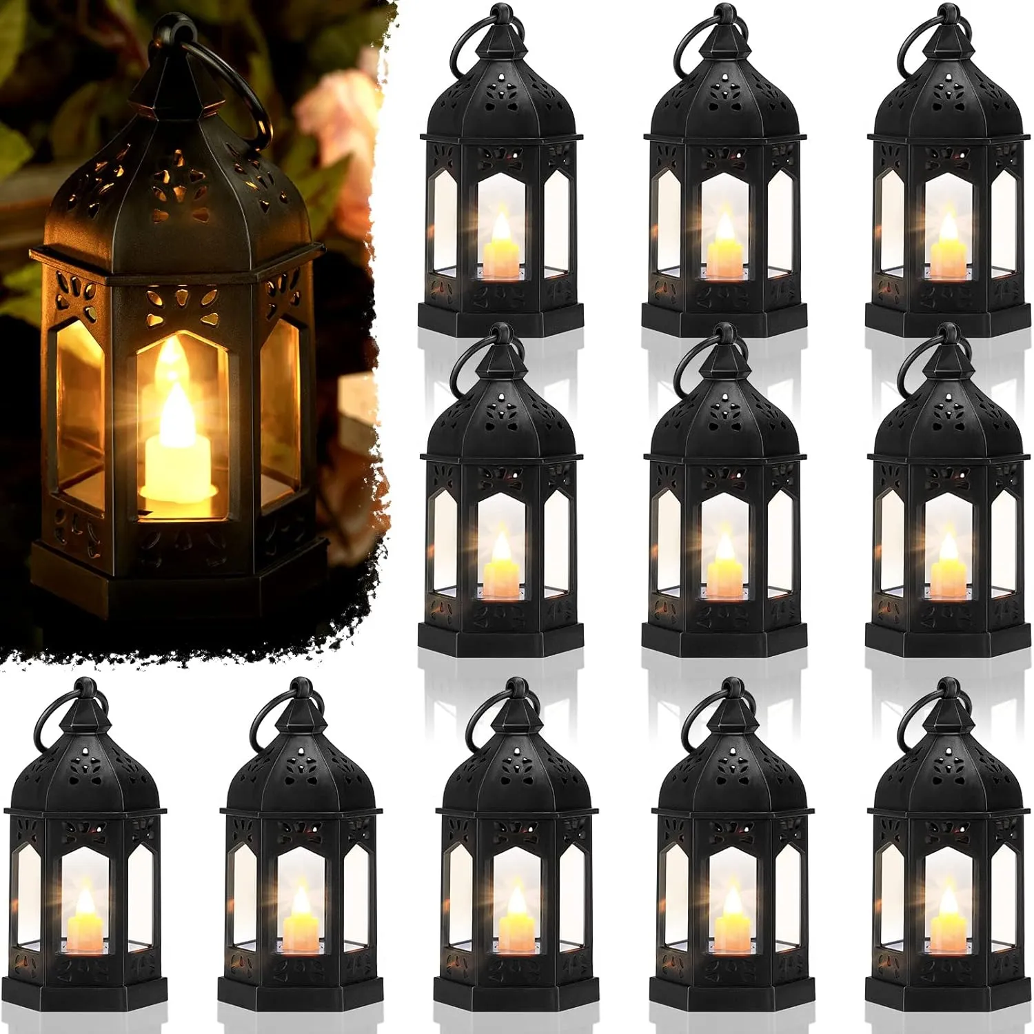 12 Pieces Mini Lanterns with Flickering LED Candle, Batteries Included, Decorative Hanging Candle Lantern for Indoor Use, Wedding, Party, Table Centerpiece (Black,)