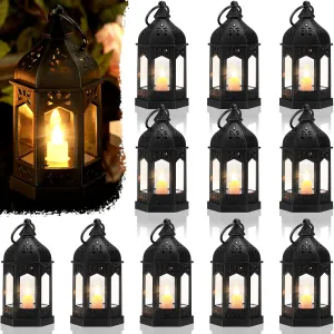 12 Pieces Mini Lanterns with Flickering LED Candle, Batteries Included, Decorative Hanging Candle Lantern for Indoor Use, Wedding, Party, Table Centerpiece (Black,)