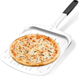 12" Pizza Peel Perforated Aluminum Pizza Paddle with Silicone Handle, Professional Metal Pizza Placement Peel Spatula for Indoor & Outdoor Pizza Ovens