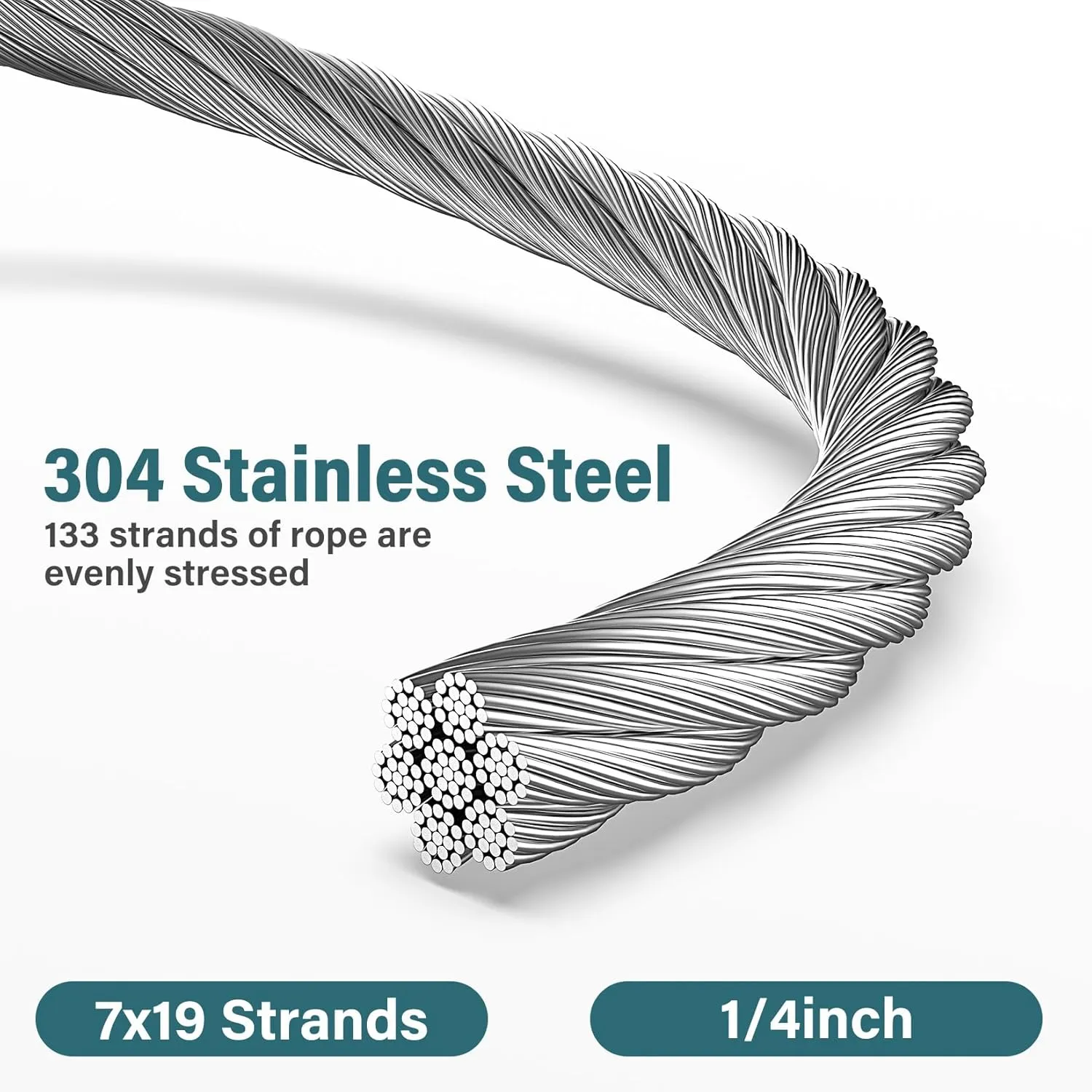 1/4 Stainless Steel Cable, 125ft 1/4 Wire Rope, 7X19 Strands with Stainless Clamps&Thimble, 6400lbs Breaking Strength Aircraft Cable, Steel Cable with Loops for Zipline, Deck Railing