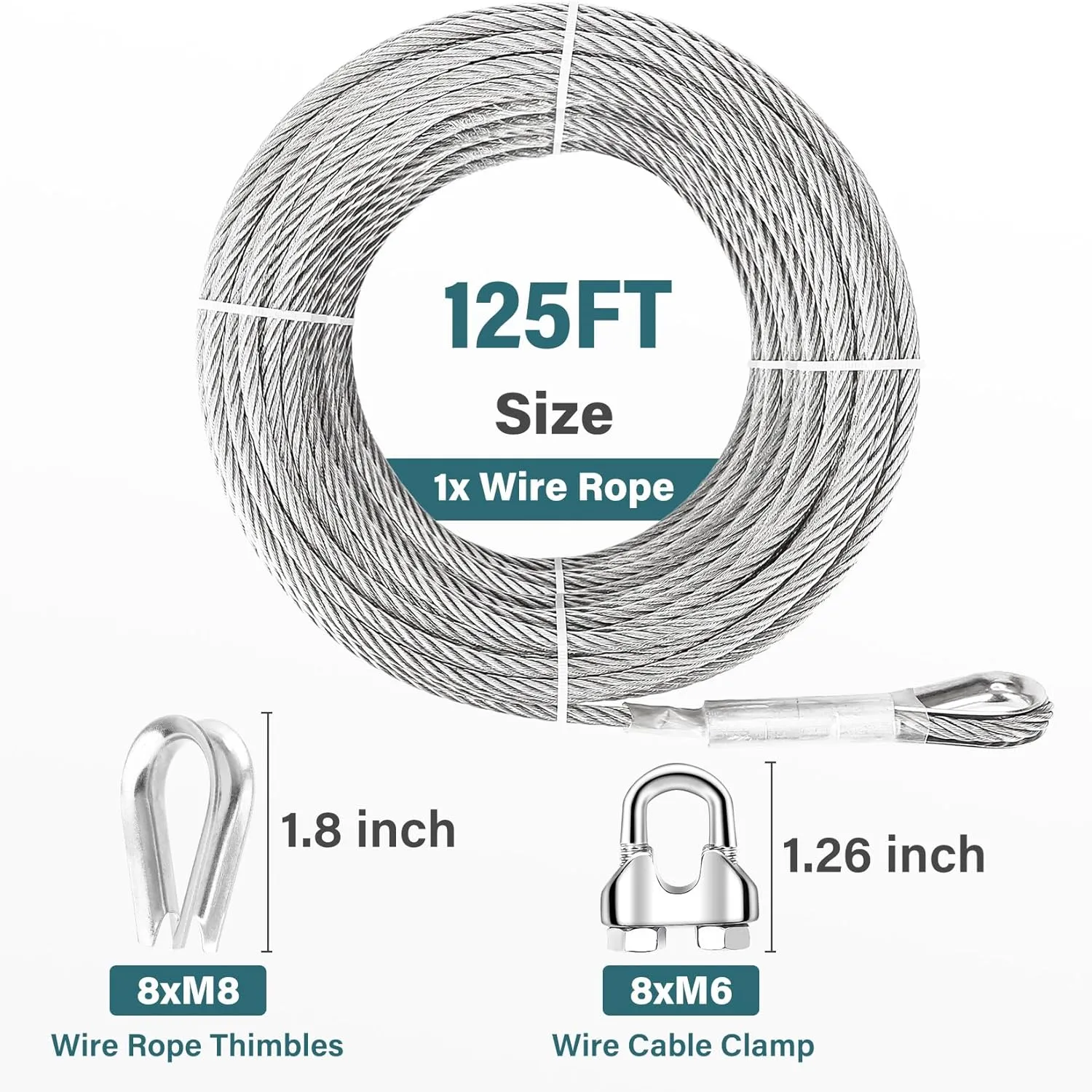 1/4 Stainless Steel Cable, 125ft 1/4 Wire Rope, 7X19 Strands with Stainless Clamps&Thimble, 6400lbs Breaking Strength Aircraft Cable, Steel Cable with Loops for Zipline, Deck Railing