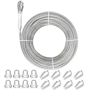 1/4 Stainless Steel Cable, 125ft 1/4 Wire Rope, 7X19 Strands with Stainless Clamps&Thimble, 6400lbs Breaking Strength Aircraft Cable, Steel Cable with Loops for Zipline, Deck Railing
