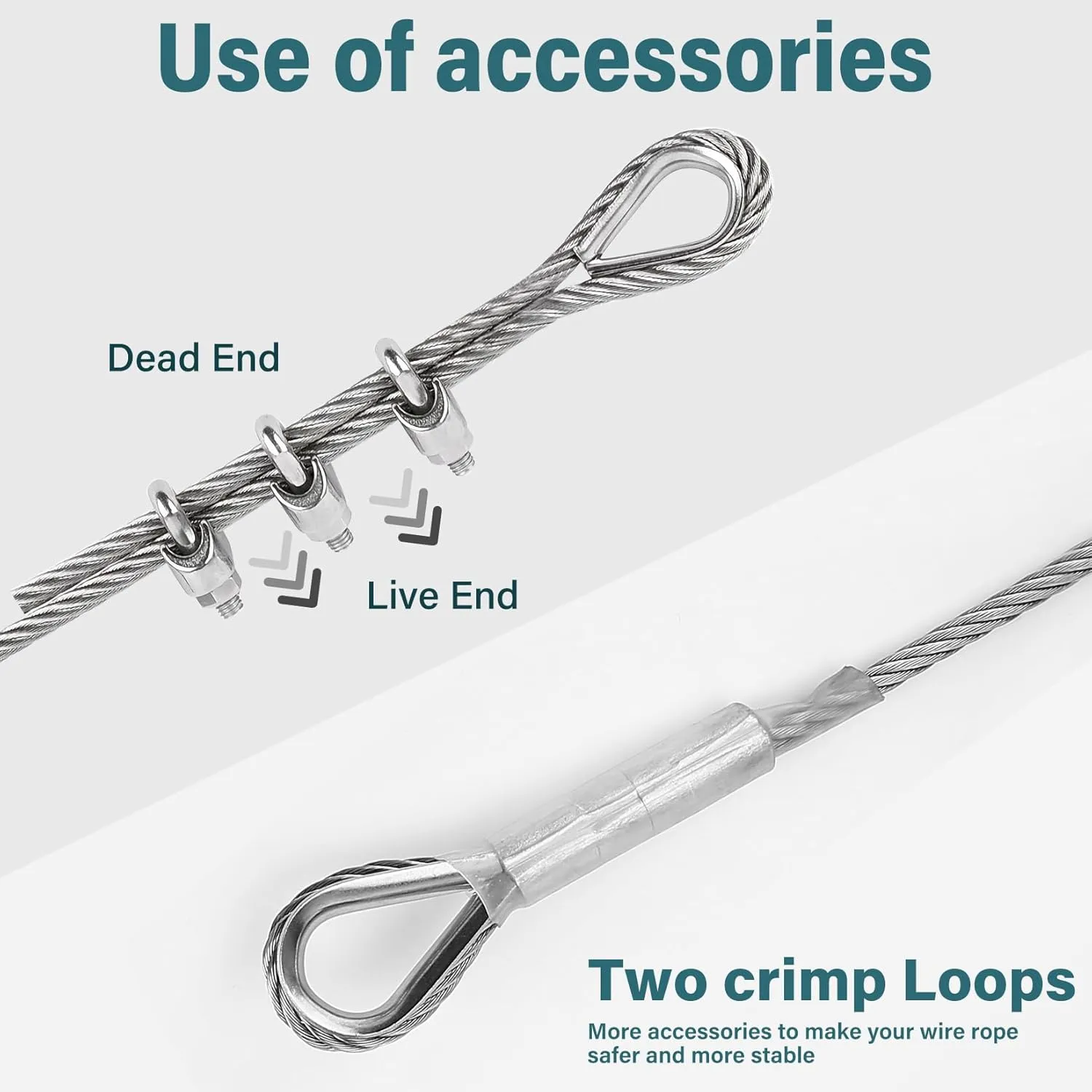 1/4 Stainless Steel Cable, 125ft 1/4 Wire Rope, 7X19 Strands with Stainless Clamps&Thimble, 6400lbs Breaking Strength Aircraft Cable, Steel Cable with Loops for Zipline, Deck Railing