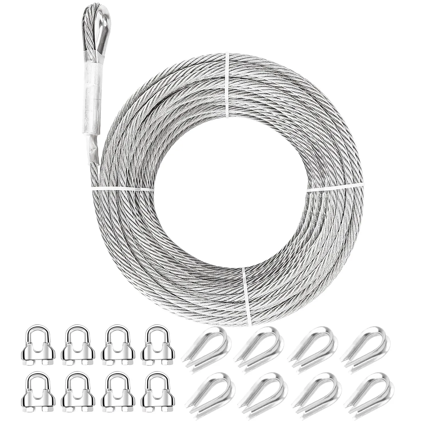 1/4 Stainless Steel Cable, 125ft 1/4 Wire Rope, 7X19 Strands with Stainless Clamps&Thimble, 6400lbs Breaking Strength Aircraft Cable, Steel Cable with Loops for Zipline, Deck Railing