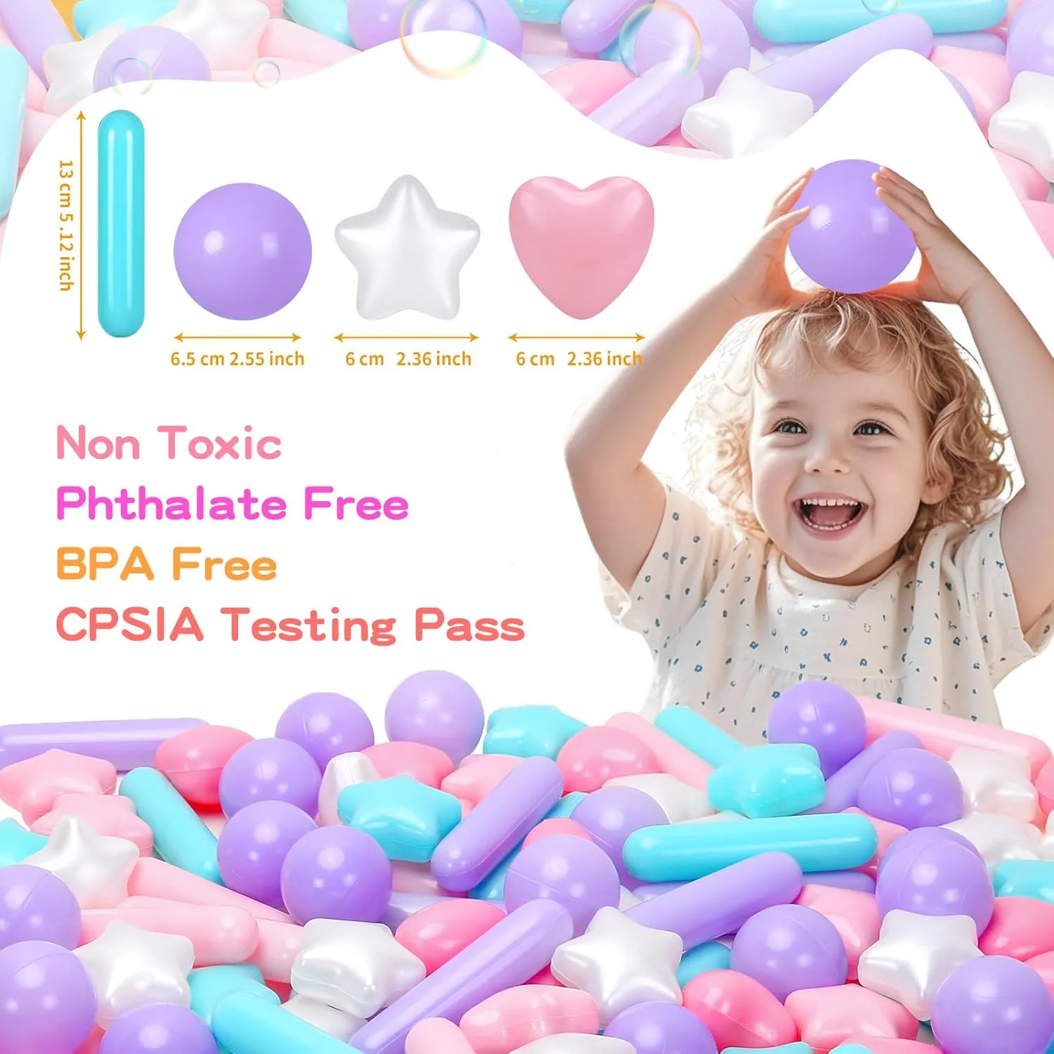 150 Count Ball Pit Balls for Ball Pit, 4 Shapes BPA Free Crush Proof Plastic Toy Balls for Ball Pit, Children's Pool Water Toys, Macaron Ocean Balls with Storage Bag.