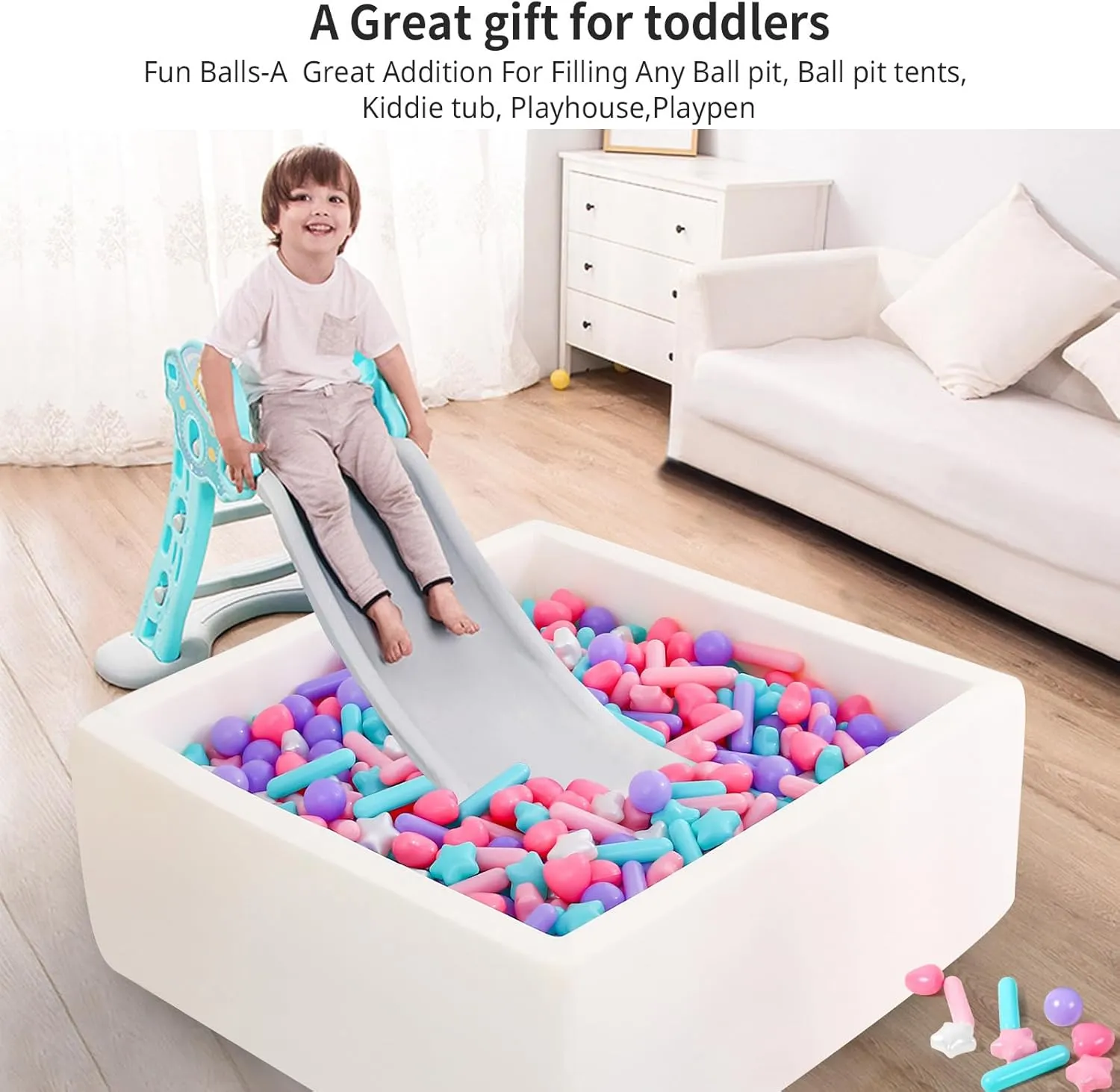 150 Count Ball Pit Balls for Ball Pit, 4 Shapes BPA Free Crush Proof Plastic Toy Balls for Ball Pit, Children's Pool Water Toys, Macaron Ocean Balls with Storage Bag.