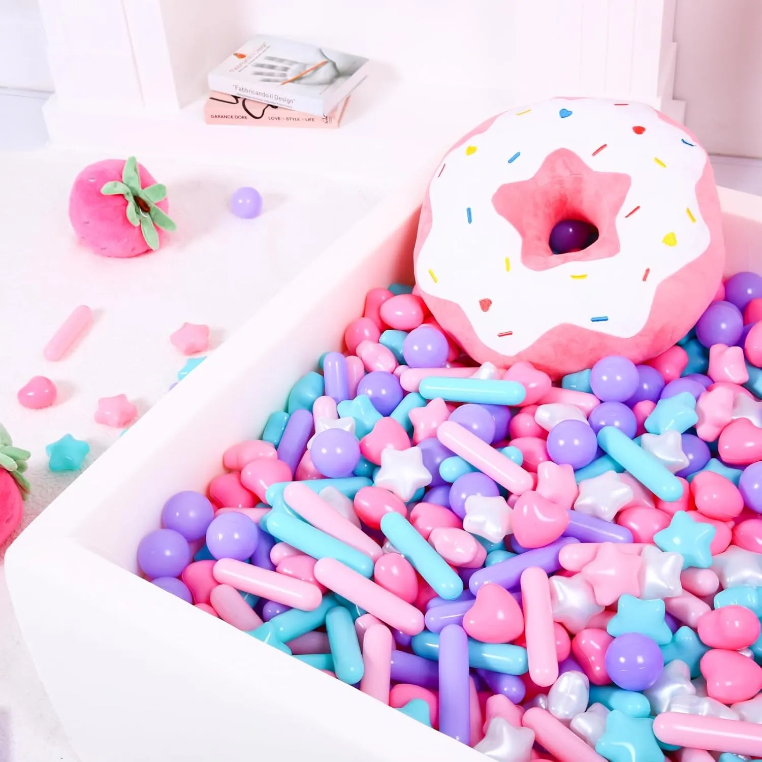 150 Count Ball Pit Balls for Ball Pit, 4 Shapes BPA Free Crush Proof Plastic Toy Balls for Ball Pit, Children's Pool Water Toys, Macaron Ocean Balls with Storage Bag.