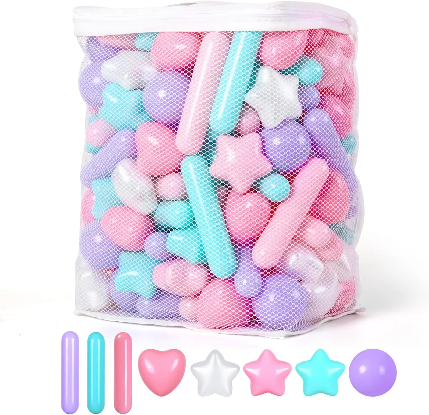 150 Count Ball Pit Balls for Ball Pit, 4 Shapes BPA Free Crush Proof Plastic Toy Balls for Ball Pit, Children's Pool Water Toys, Macaron Ocean Balls with Storage Bag.