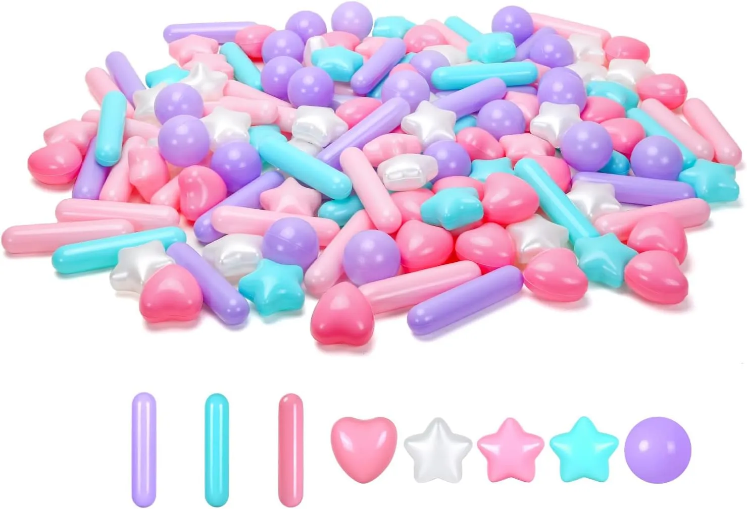 150 Count Ball Pit Balls for Ball Pit, 4 Shapes BPA Free Crush Proof Plastic Toy Balls for Ball Pit, Children's Pool Water Toys, Macaron Ocean Balls with Storage Bag.