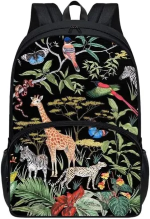 17" African Jungle Animals Backpack Teens Boys Girls Middle High Kawaii Giraffe Zebra Leopard School Bag Splashproof Lightweight Bird Monstera Leaves Bookbag