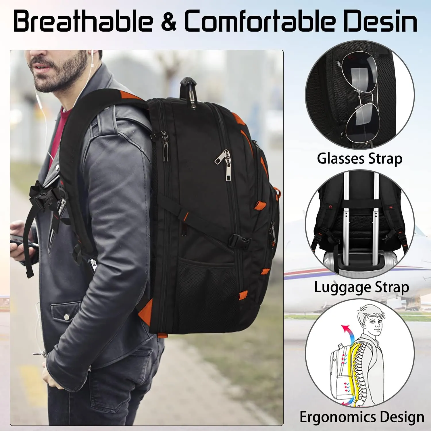 18.4 Laptop Backpack Women Men, 55L-60L Flight Approved Extra Large Travel Backpack RFID Anti Theft and TSA Friendly Backpack, Water Resistant College School Heavy Duty With USB Charging Port, Orange