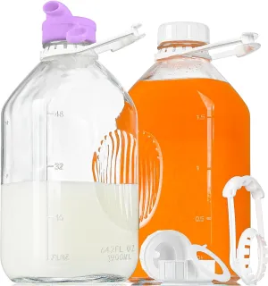 2 Pack 64 Oz Heavy Duty Glass Milk Bottle with Dispenser Cap and Reusable Airtight SCREW LID, 2 Qt Glass Water Bottle with 2 Exact Scale Lines - Milk Jug Pitcher - 1/2 Gal Juice Bottles
