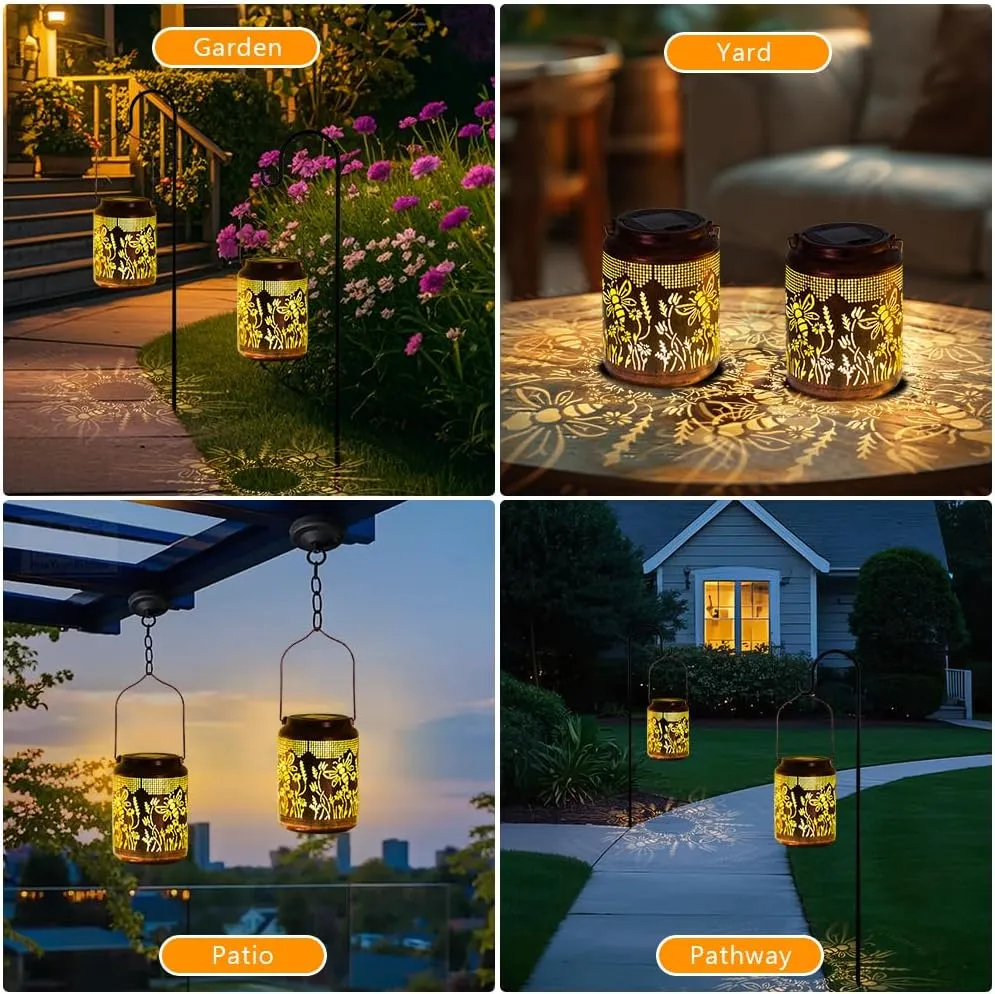 2 Pack Bee Solar Lanterns Outdoor Waterproof Hanging Solar Lights LED 6.9" Metal Flower Bee Decorative Lantern for Patio,Yard,Porch,Table,Garden Birthday Gifts for Women Mom Grandma