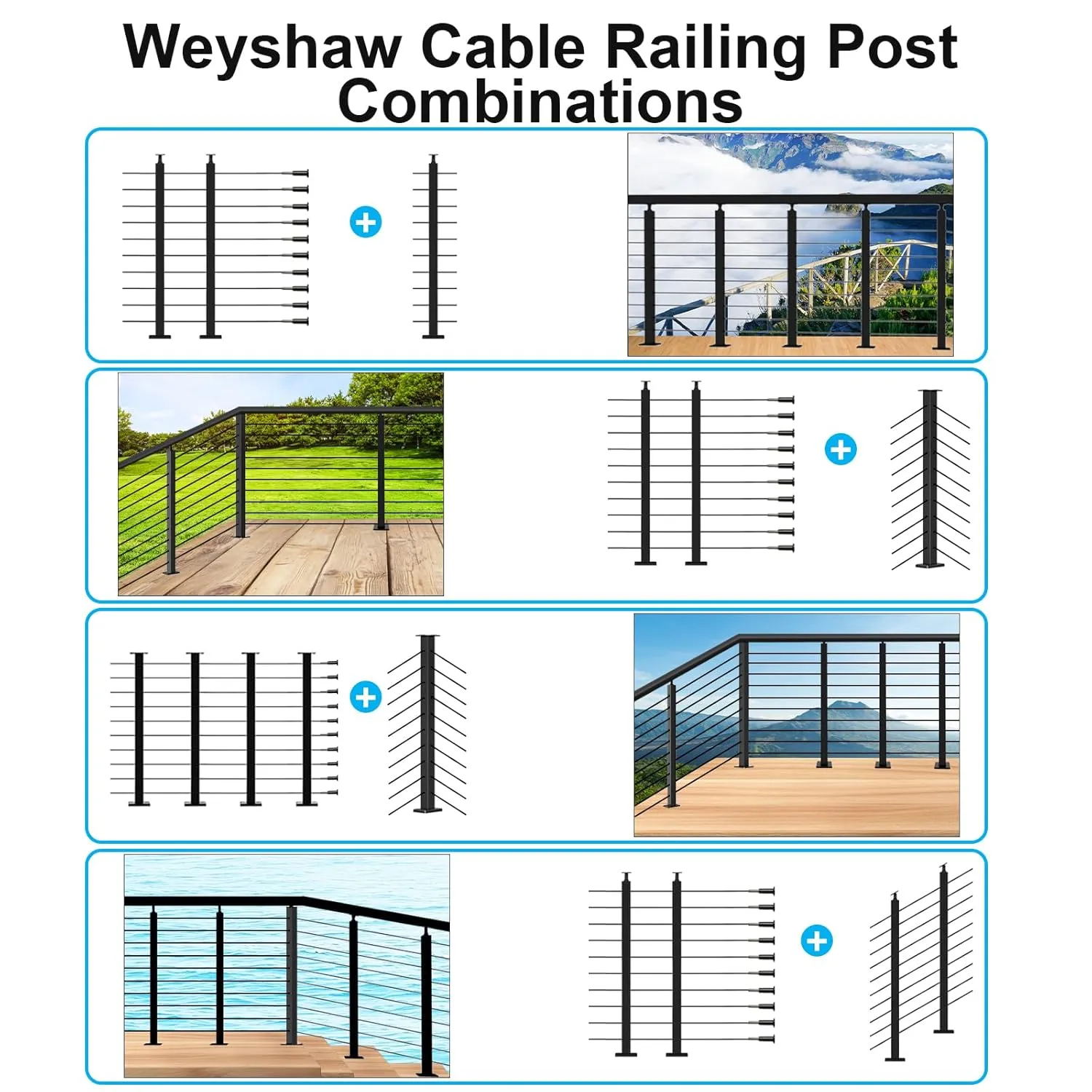 2 Pack Black Cable Railing Post Kit, Premium T304 Stainless Steel 36 Inch Porch Railing, Adjustable Top Level Drilled Cable Railing, 75ft T316 Wire Rope System DIY Kit Decking Railings