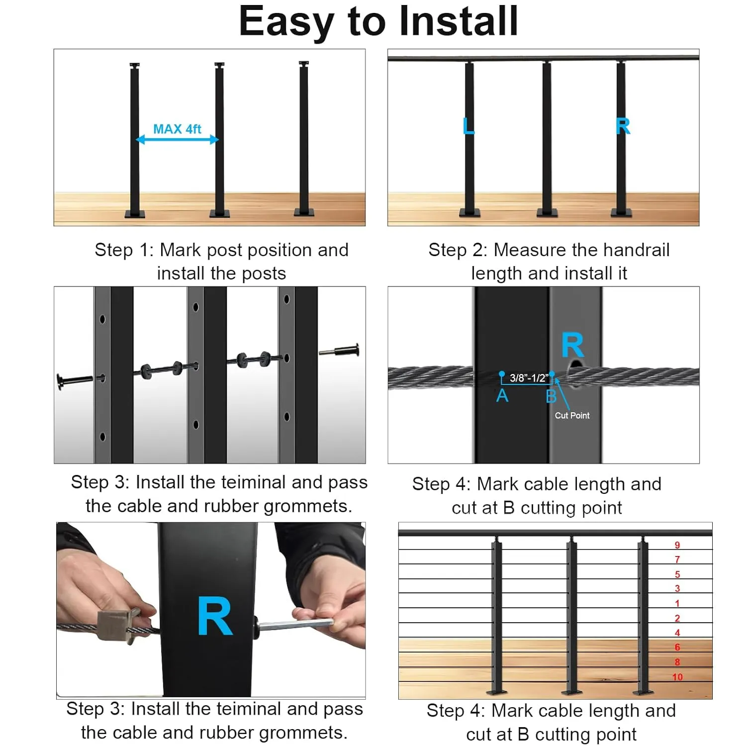 2 Pack Black Cable Railing Post Kit, Premium T304 Stainless Steel 36 Inch Porch Railing, Adjustable Top Level Drilled Cable Railing, 75ft T316 Wire Rope System DIY Kit Decking Railings