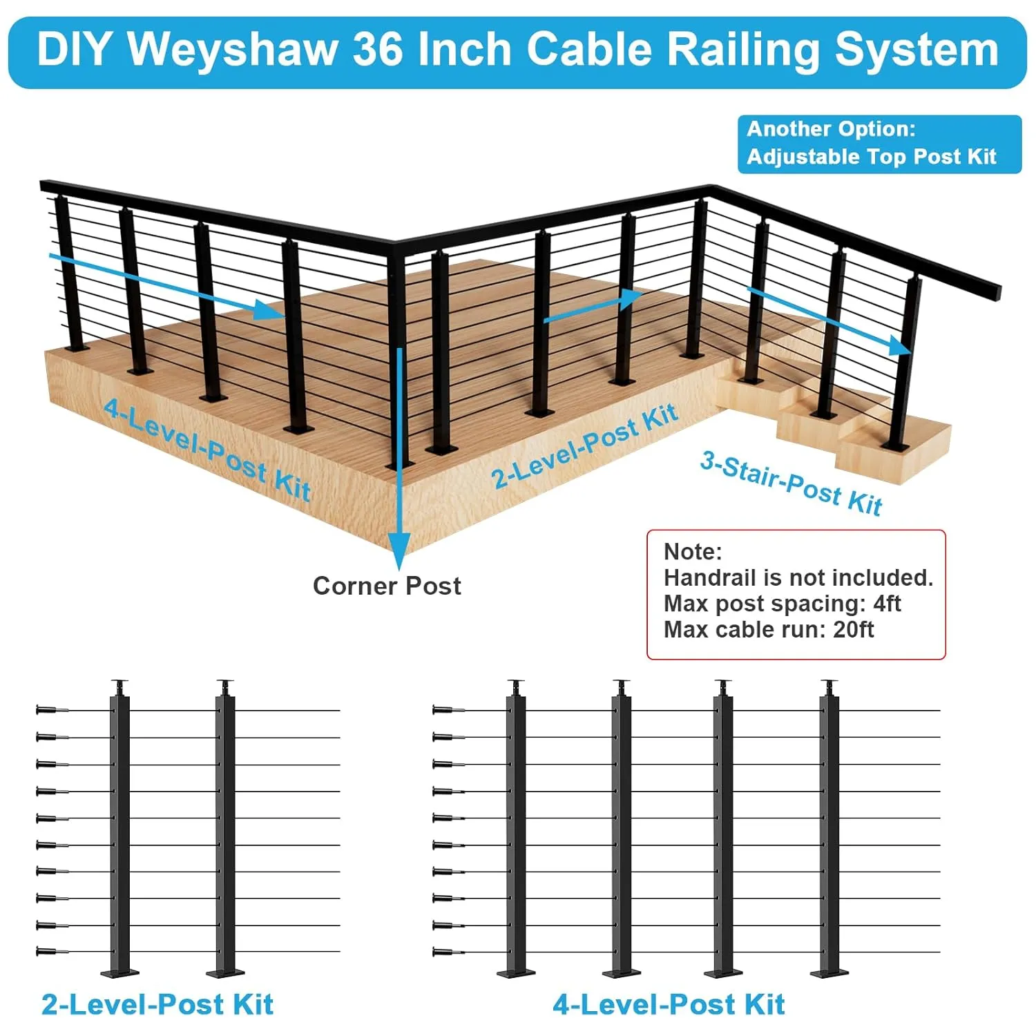 2 Pack Black Cable Railing Post Kit, Premium T304 Stainless Steel 36 Inch Porch Railing, Adjustable Top Level Drilled Cable Railing, 75ft T316 Wire Rope System DIY Kit Decking Railings